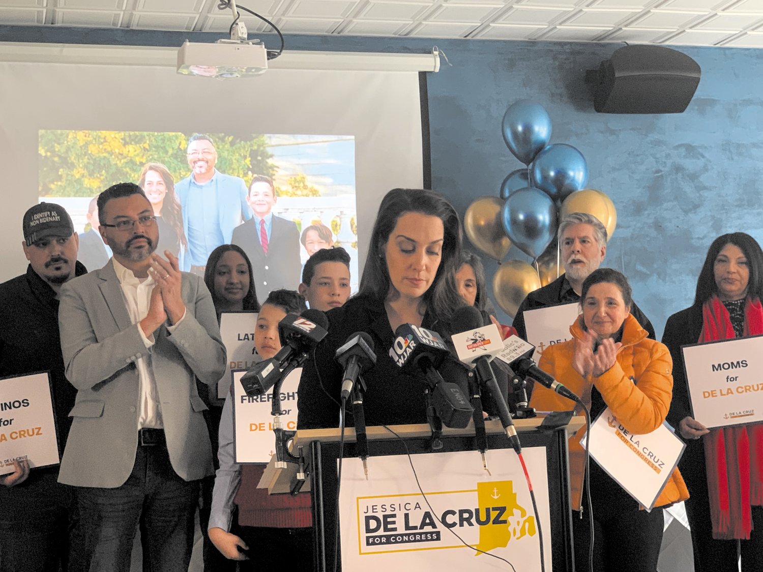 CHEERING HER ON: Jessica de la Cruz held her second congressional district campaign kickoff Wednesday morning at 39 West in Cranston. (Warwick Beacon photo)